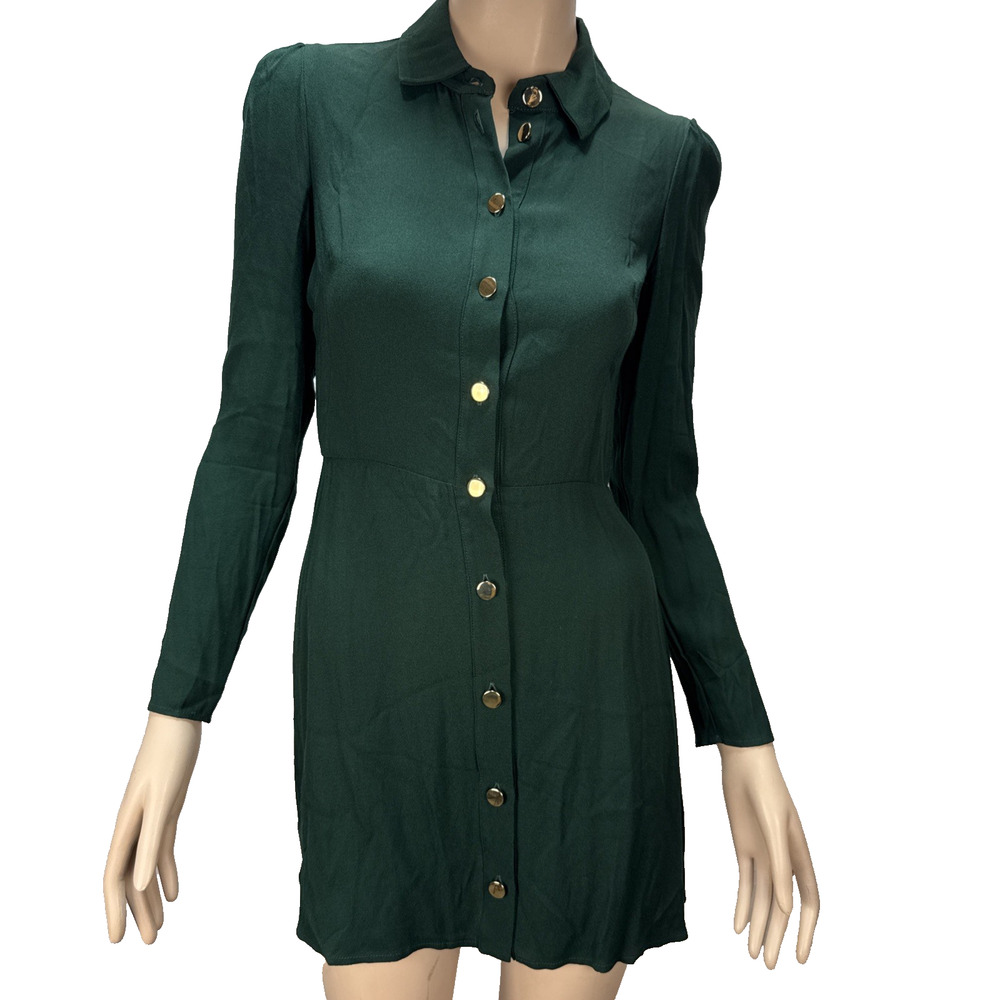 Reformation Hugh Mini Shirt Dress Size 2 Forest Green Gold Buttons Long Sleeve